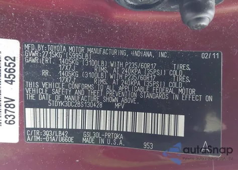 2011 Toyota Sienna Xle V6 z USA, uszkodzony, nr VIN 5TDYK3DC2BS130428
